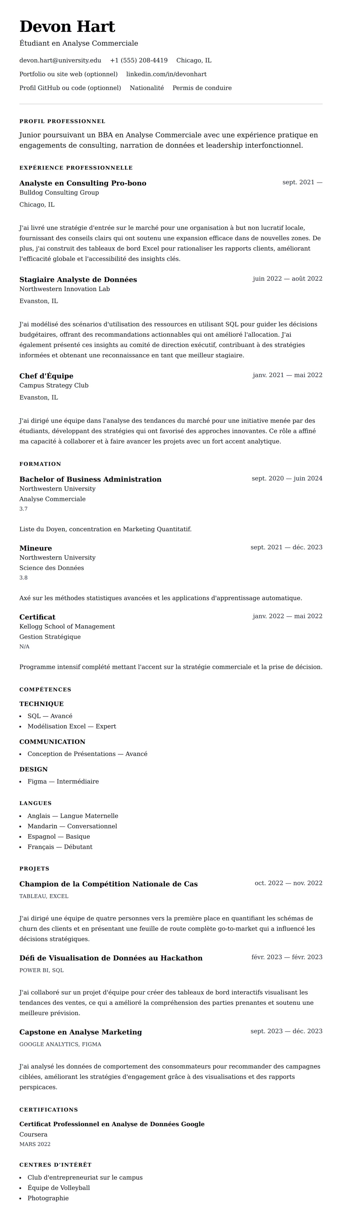 Aperçu du CV Exemple de CV pour Stage