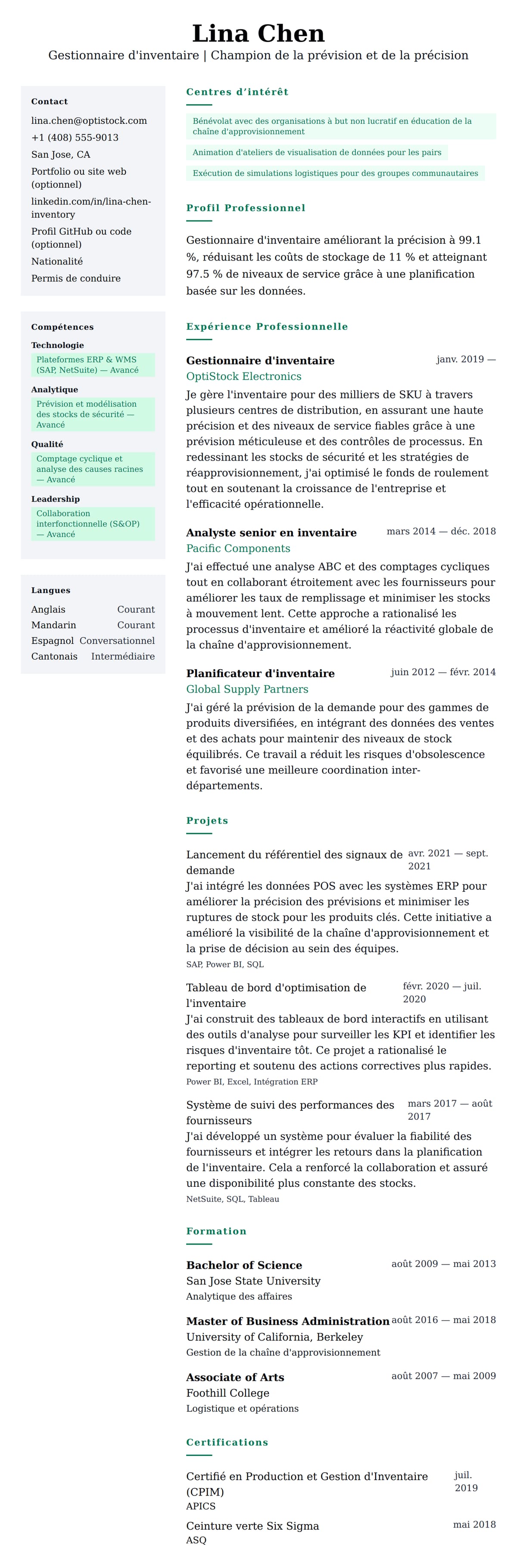 Aperçu du CV Exemple de CV de Gestionnaire d'inventaire