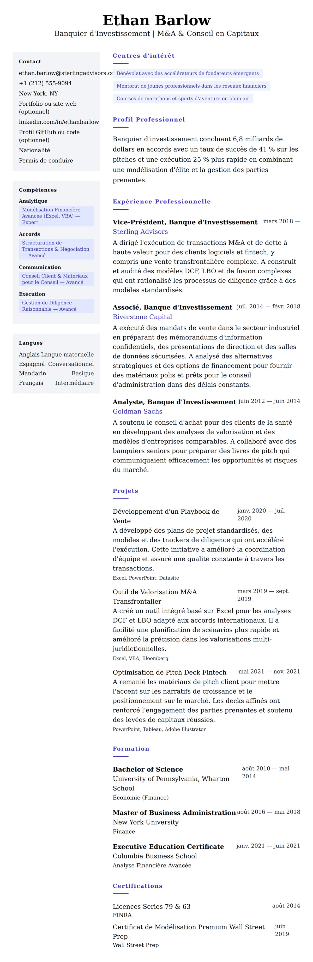Aperçu du CV Exemple de CV de Banquier d'Investissement
