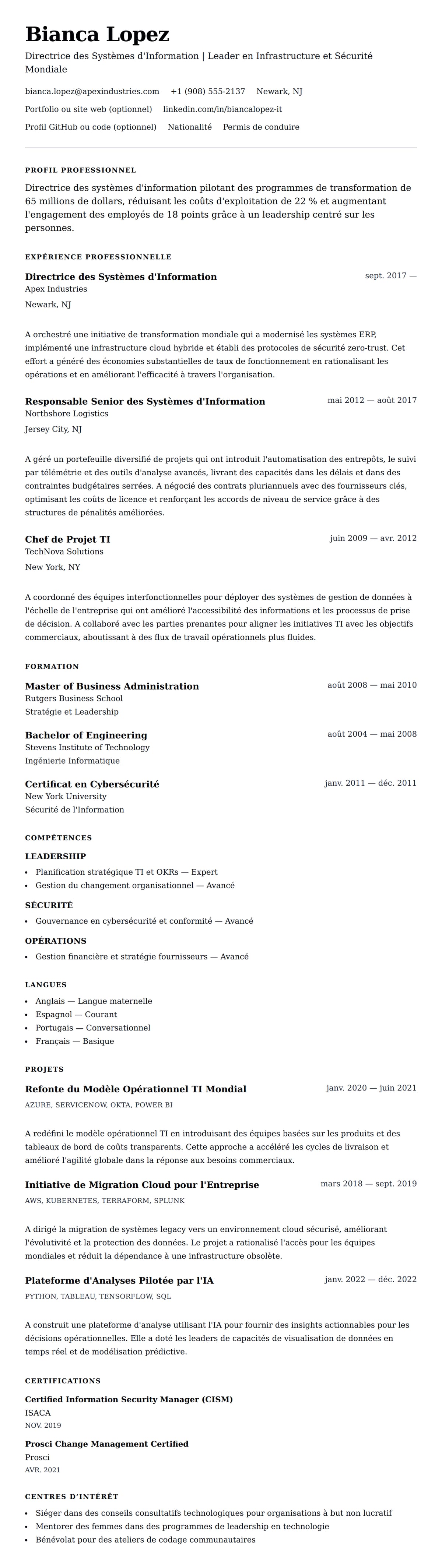 Aperçu du CV Exemple de CV pour Directeur des Systèmes d'Information