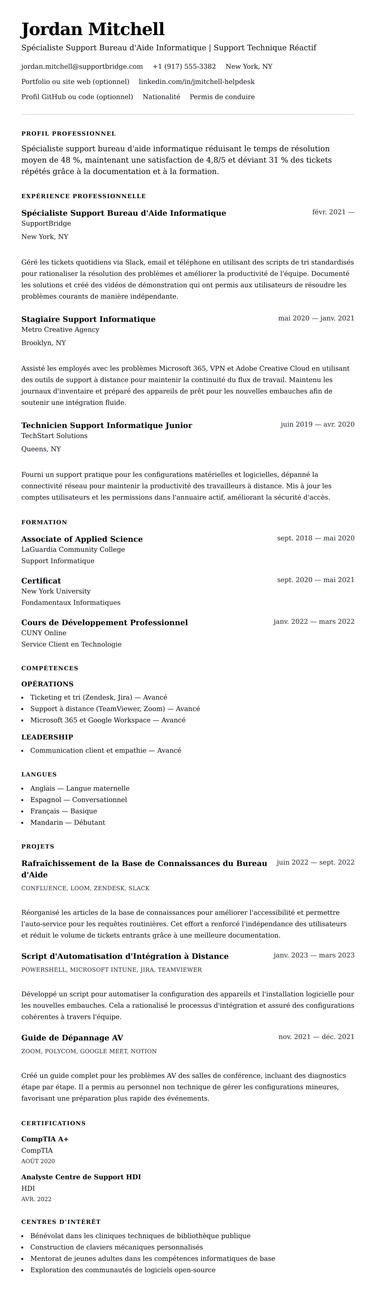 Aperçu du CV Exemple de CV pour Support Bureau d'Aide Informatique