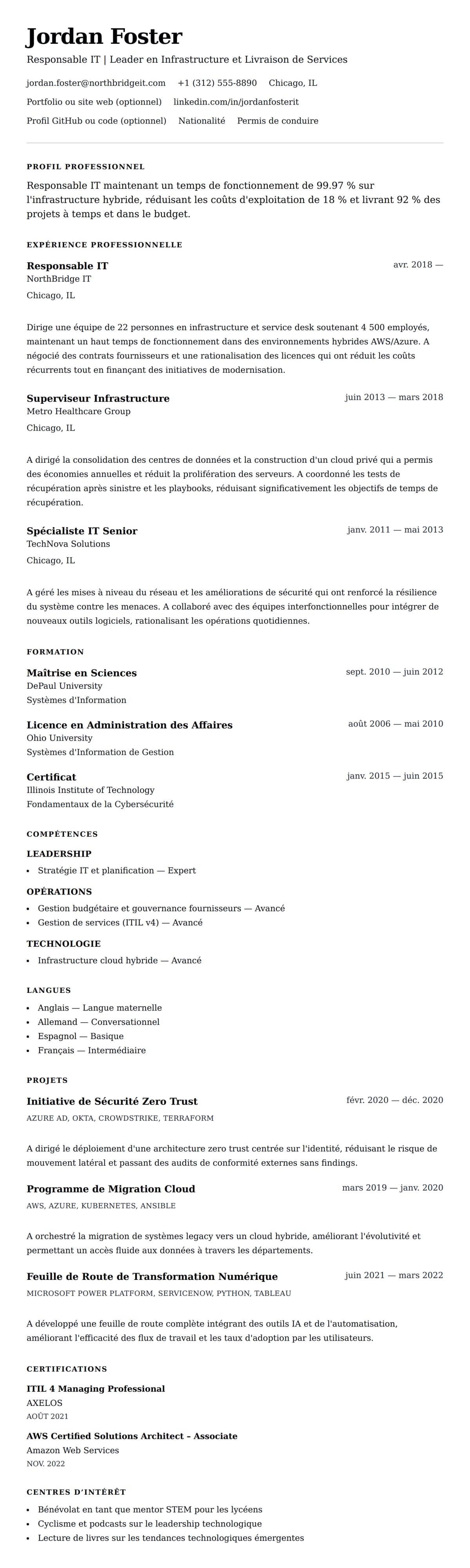 Aperçu du CV Exemple de CV de Responsable IT