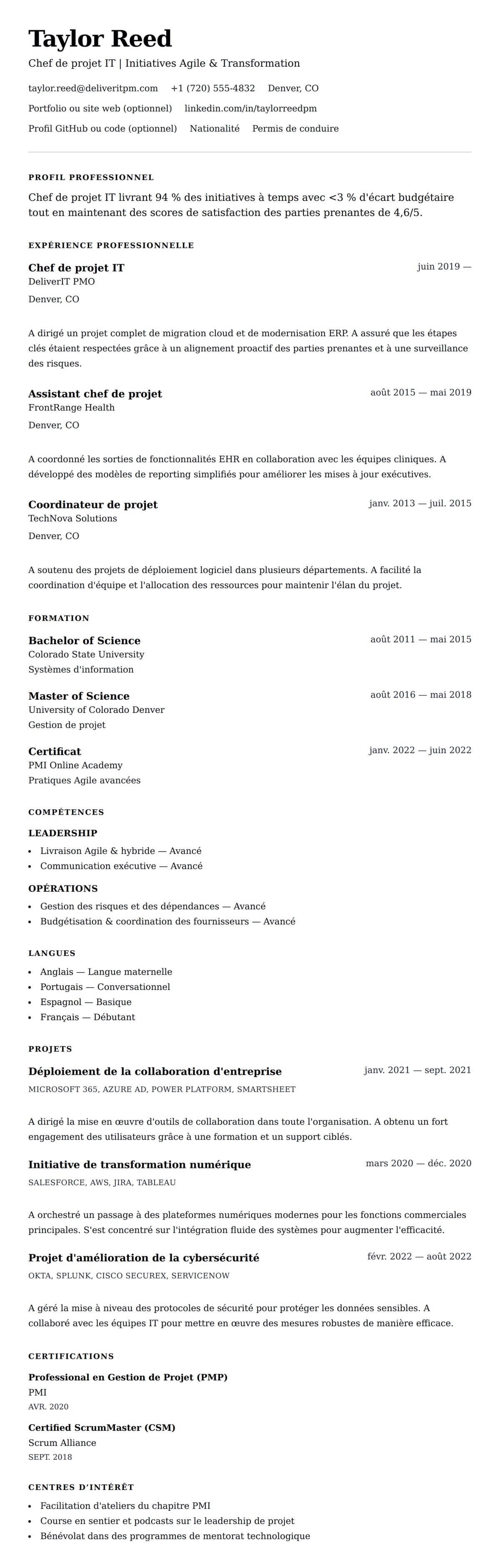 Aperçu du CV Exemple de CV pour chef de projet IT