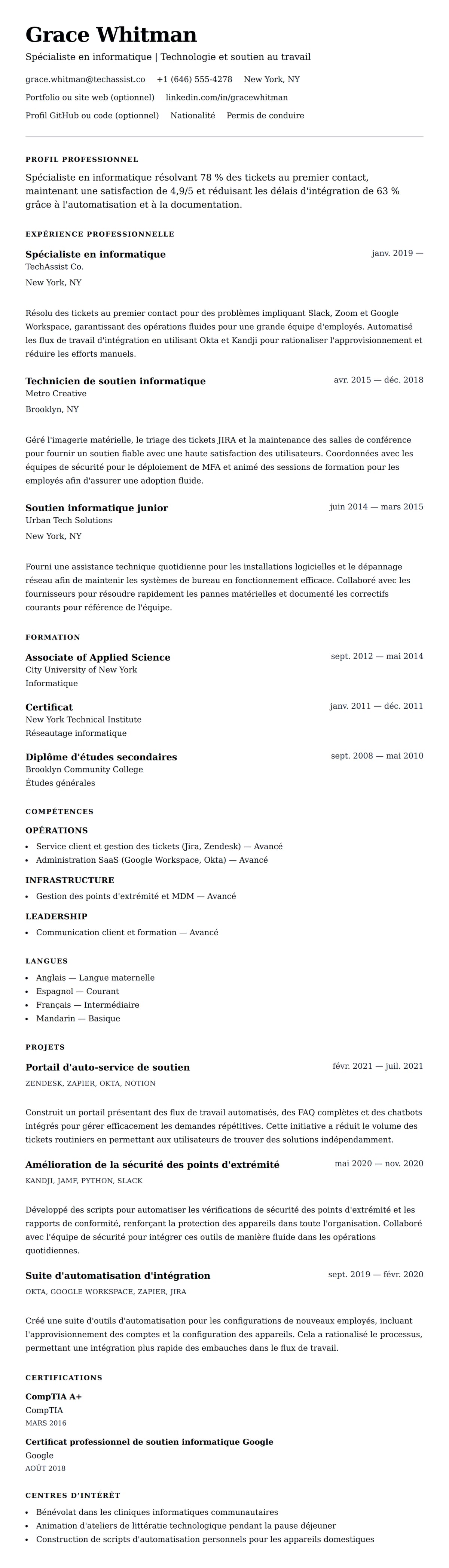 Aperçu du CV Exemple de CV de spécialiste en informatique