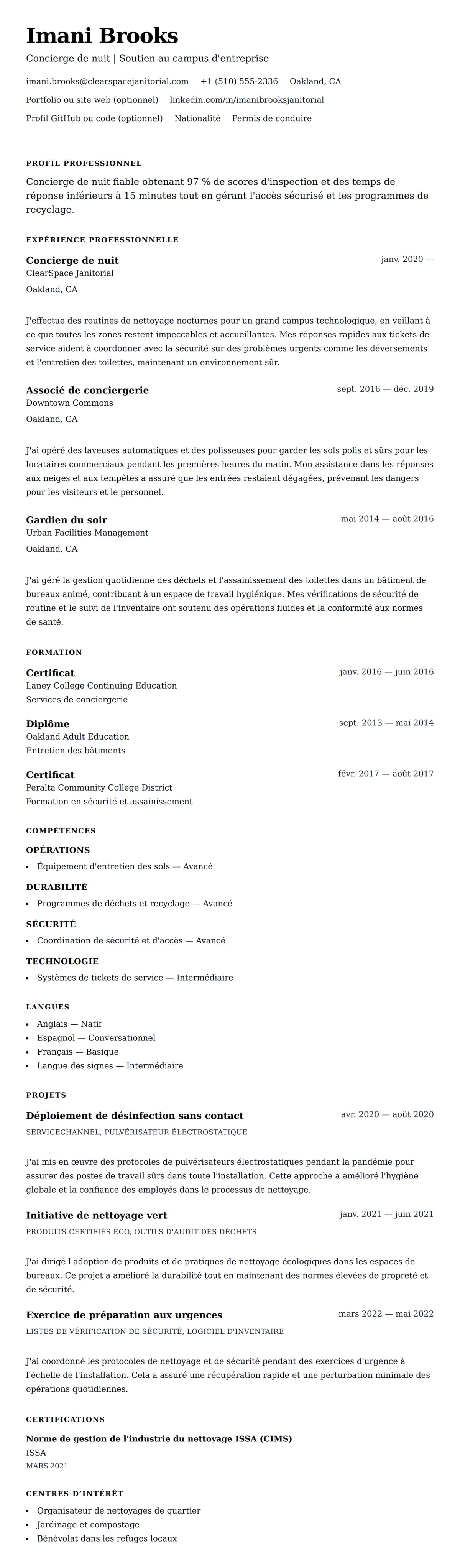 Aperçu du CV Exemple de CV de Concierge