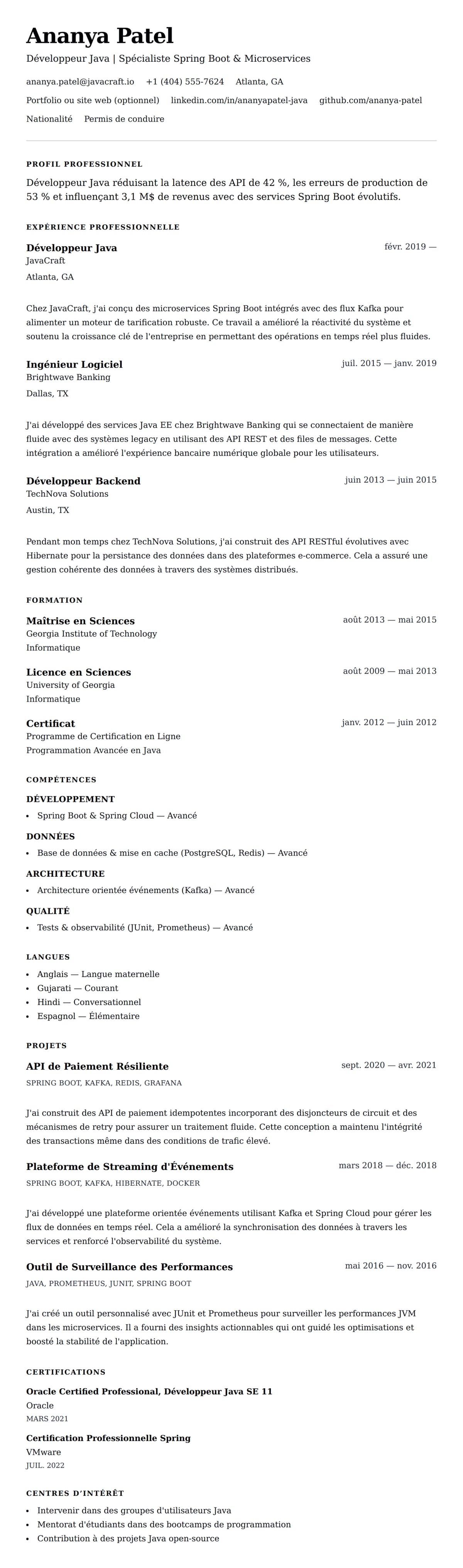 Aperçu du CV Exemple de CV de Développeur Java