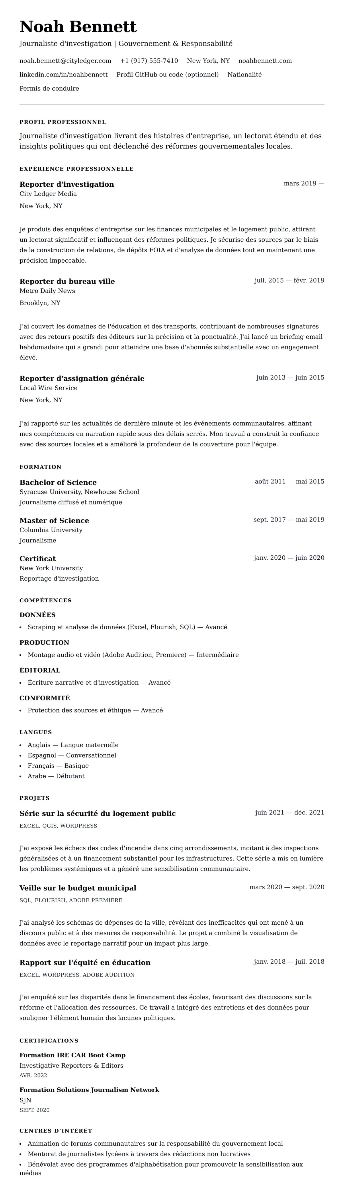 Aperçu du CV Exemple de CV de Journaliste