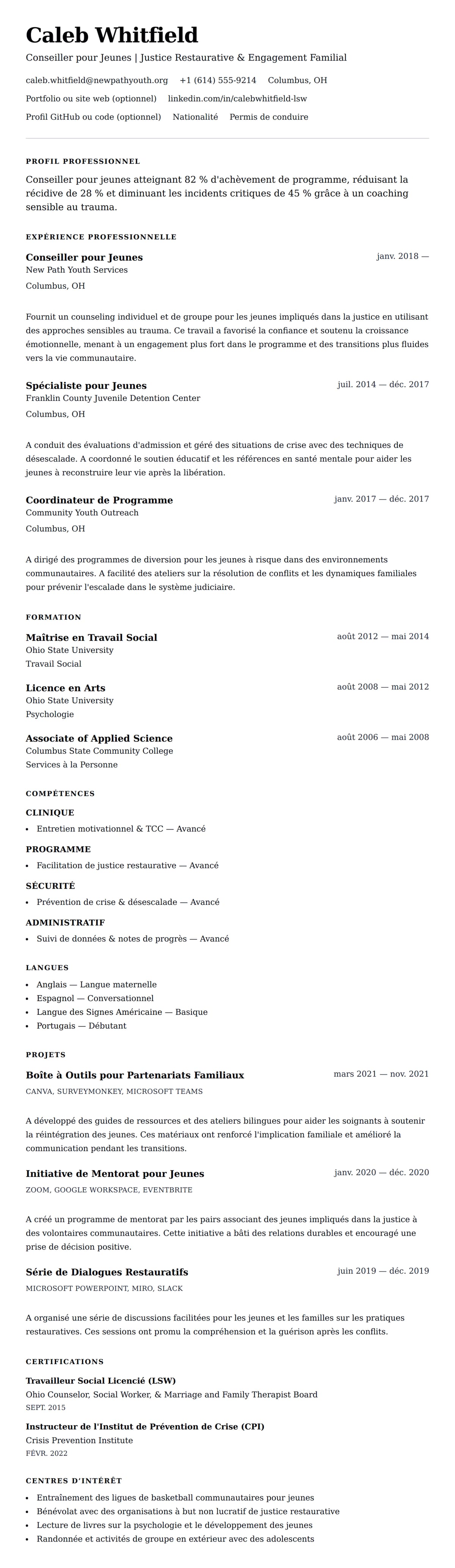 Aperçu du CV Exemple de CV de Conseiller pour Jeunes