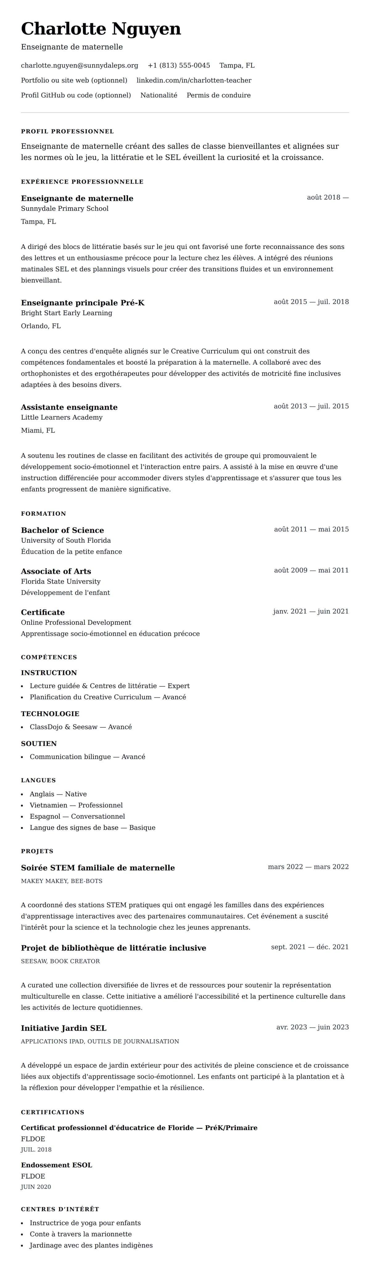 Aperçu du CV Exemple de CV d'enseignante de maternelle