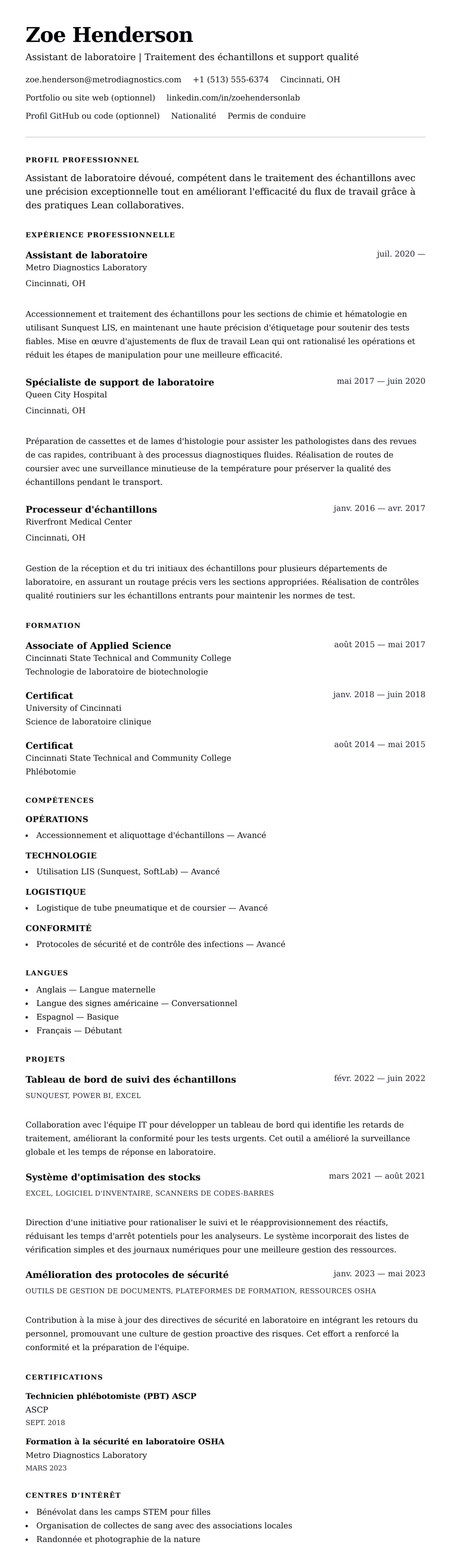 Aperçu du CV Exemple de CV d'Assistant de laboratoire