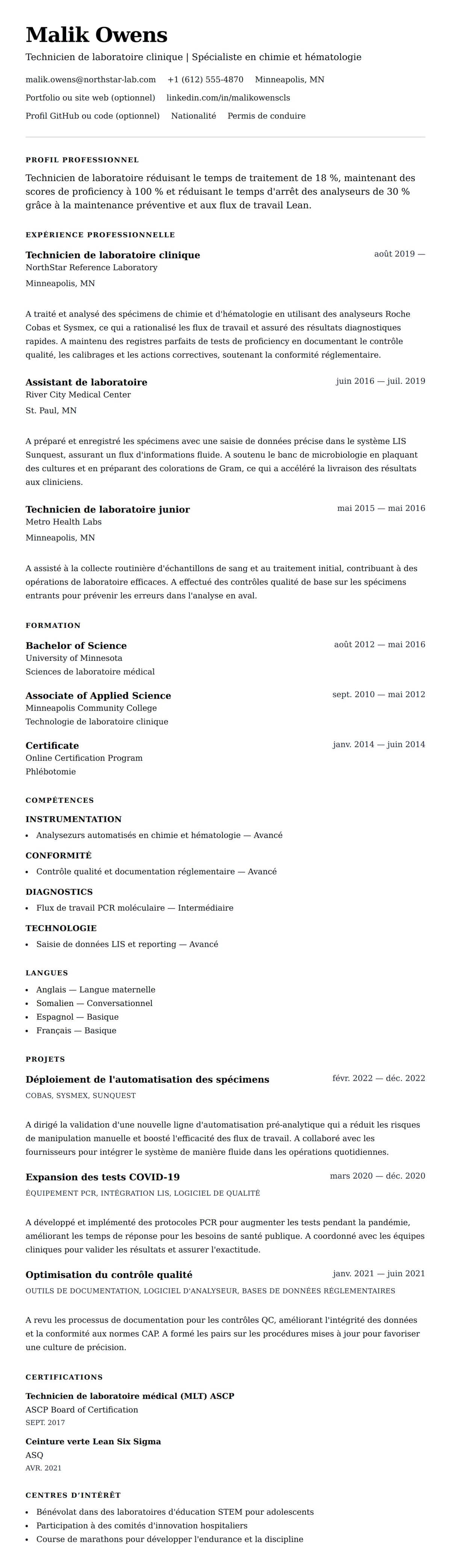 Aperçu du CV Exemple de CV de Technicien de laboratoire