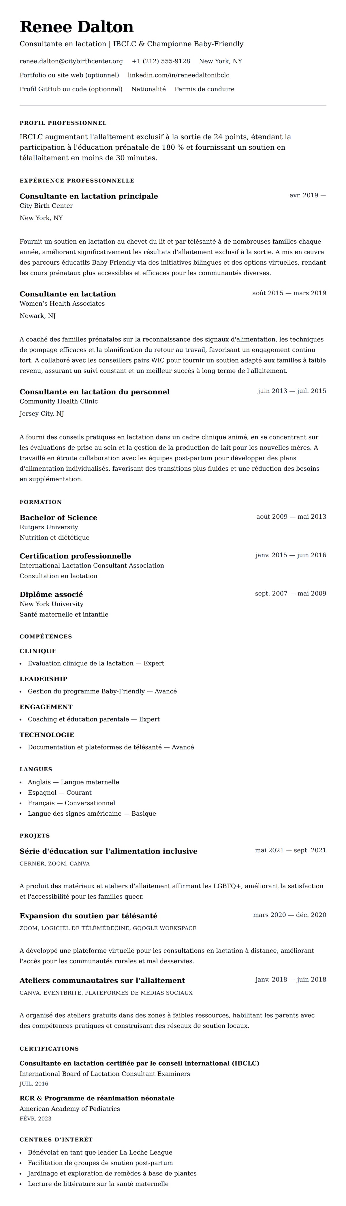 Aperçu du CV Exemple de CV de Consultante en Lactation