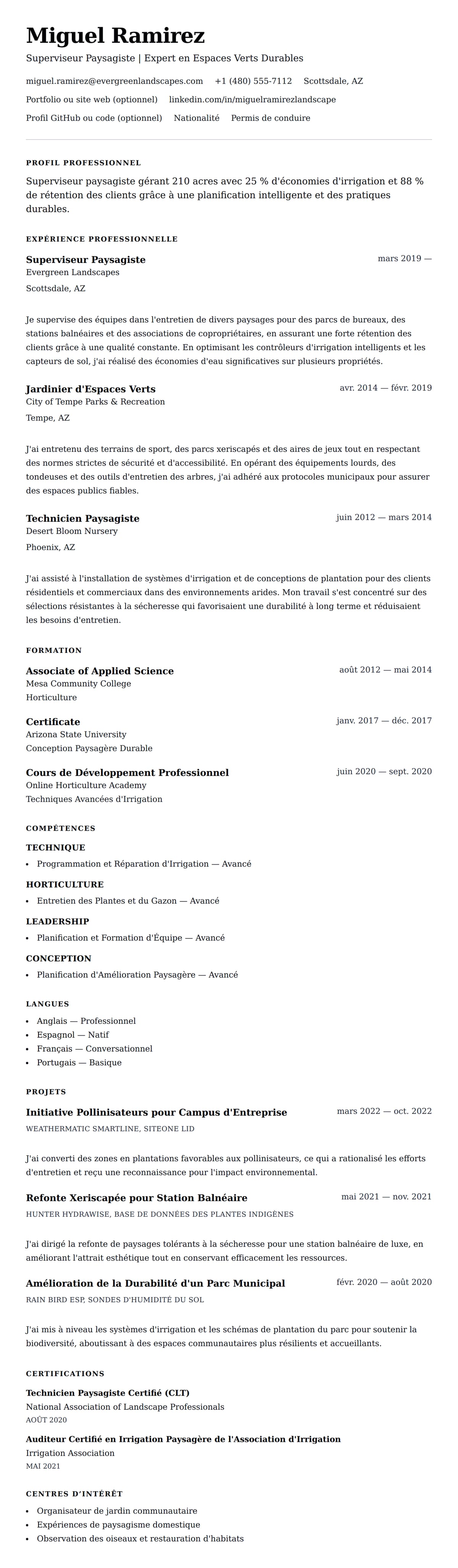Aperçu du CV Exemple de CV en Paysagisme