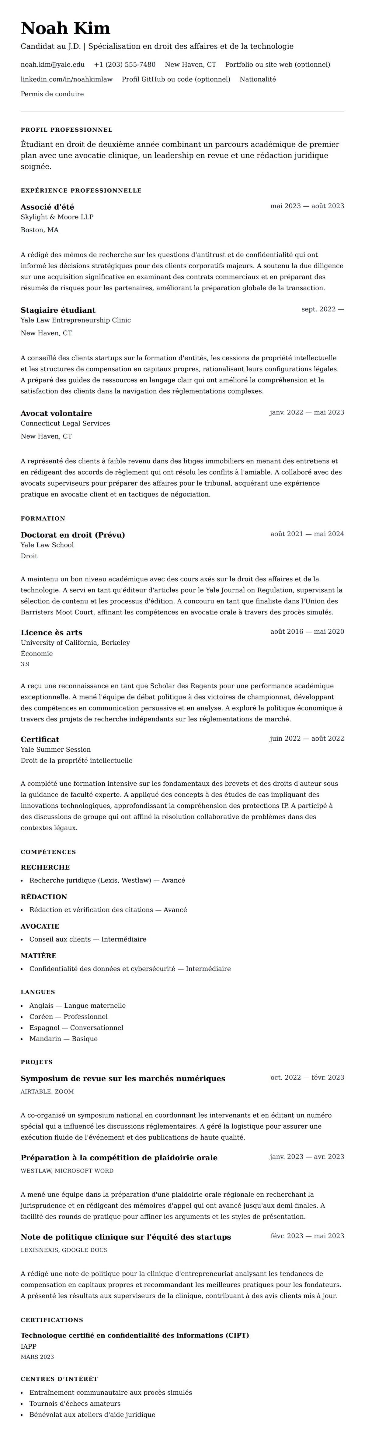 Aperçu du CV Exemple de CV pour étudiant en école de droit