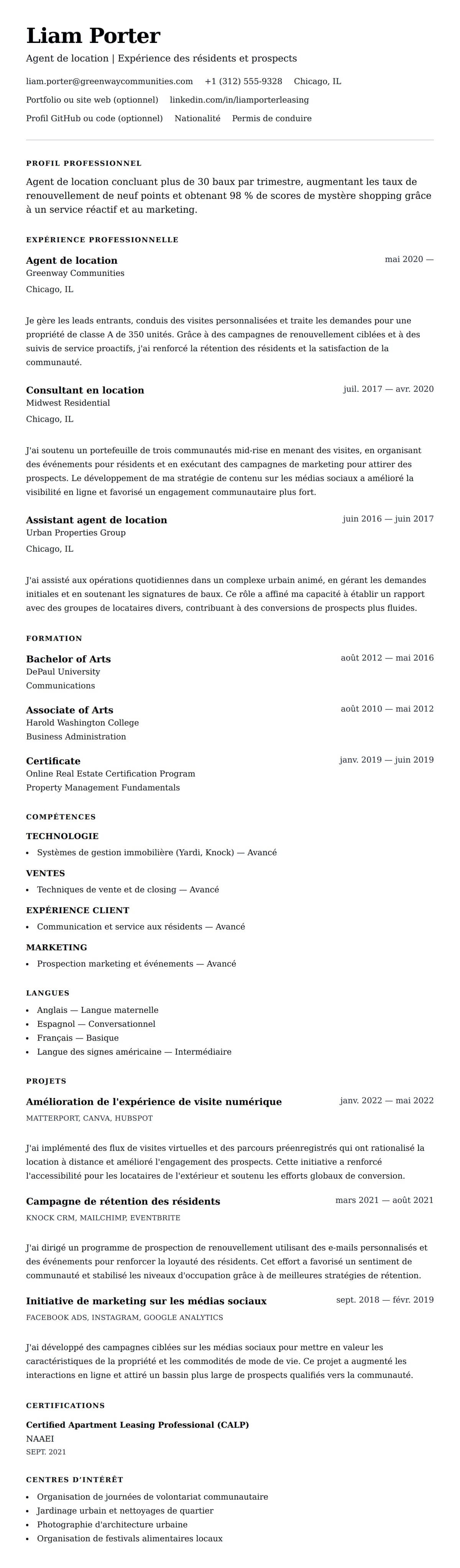 Aperçu du CV Exemple de CV d'Agent de location