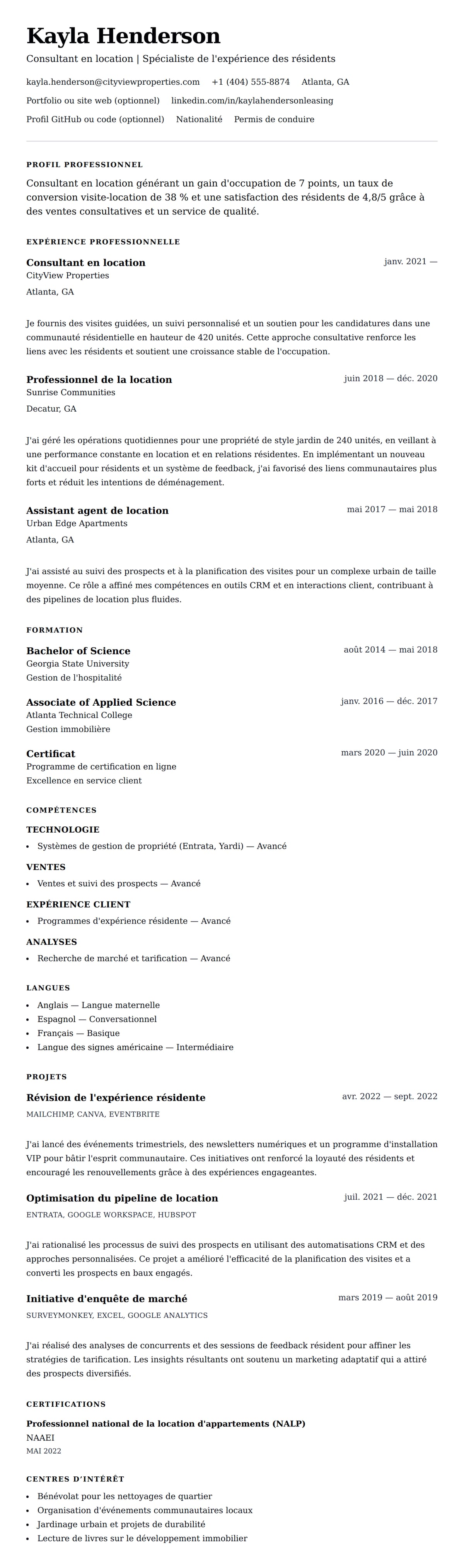 Aperçu du CV Exemple de CV de Consultant en location