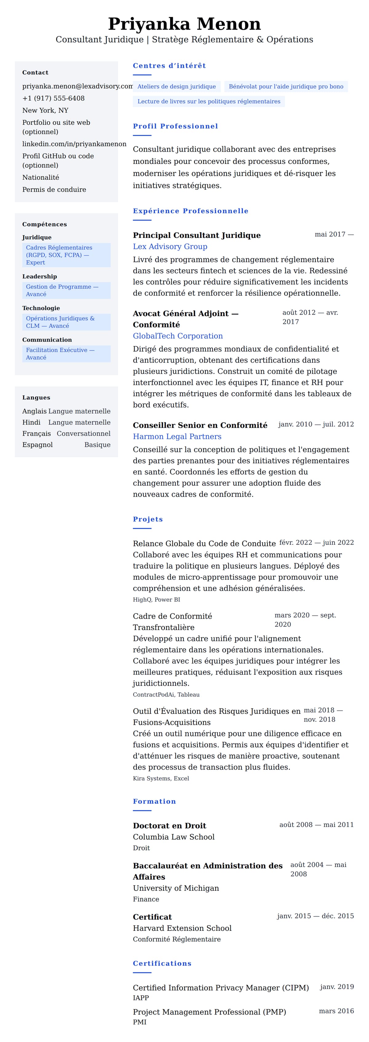 Aperçu du CV Exemple de CV de Consultant Juridique