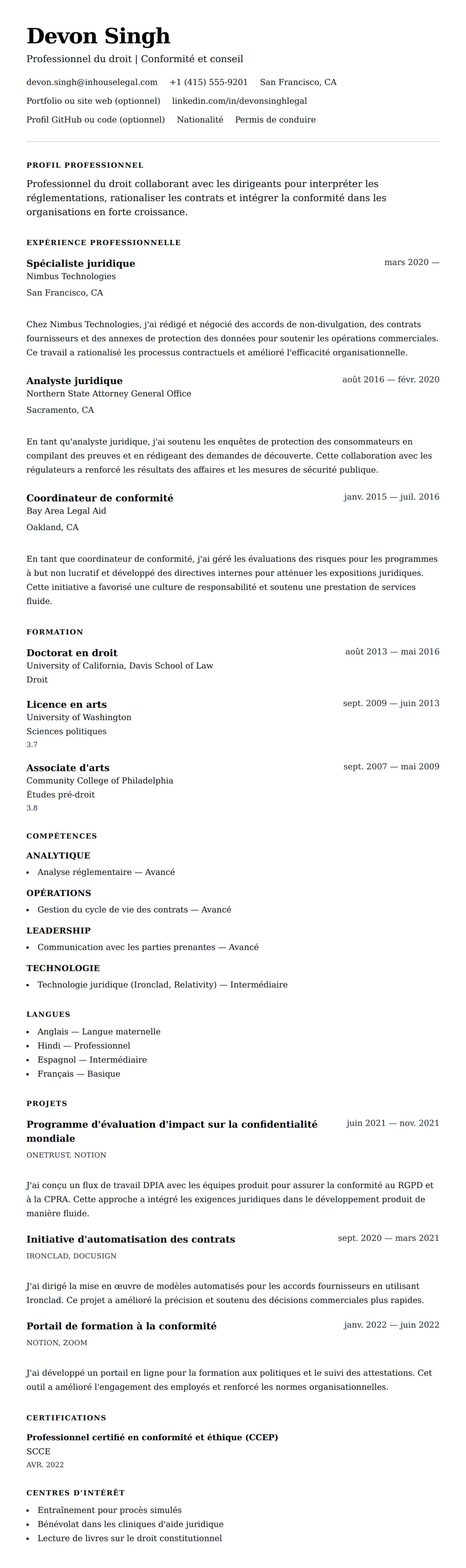 Aperçu du CV Exemple de CV pour un professionnel du droit