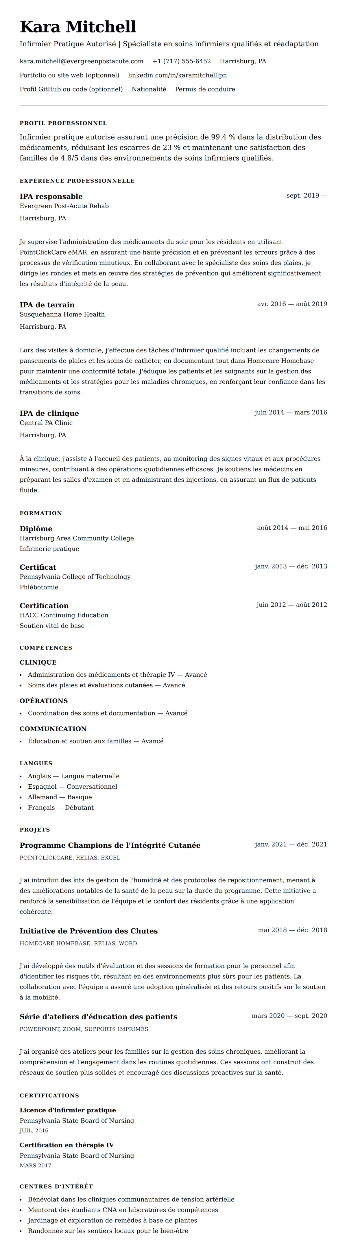 Aperçu du CV Exemple de CV d'Infirmier Pratique Autorisé (IPA)