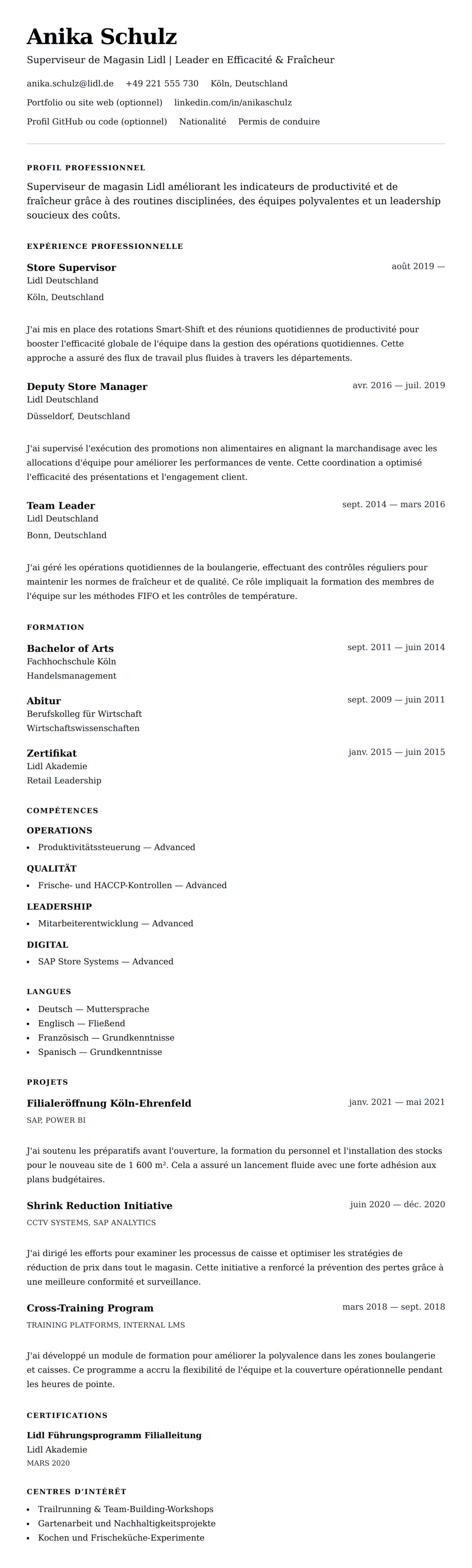 Aperçu du CV Exemple de CV pour Superviseur de Magasin Lidl