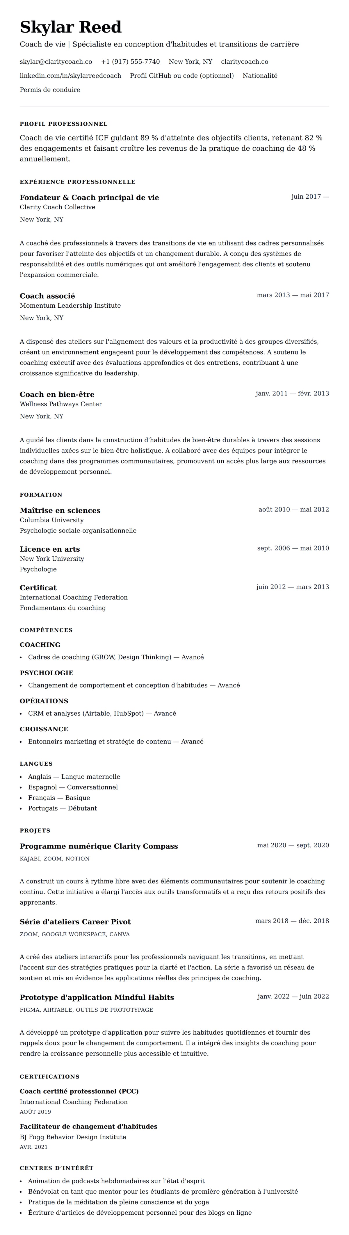 Aperçu du CV Exemple de CV de Coach de vie