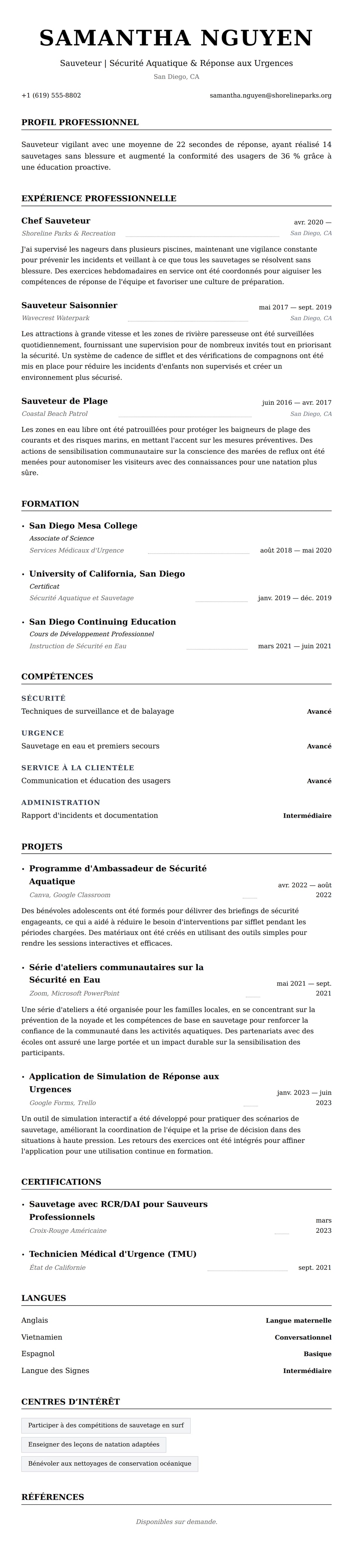 Aperçu du CV Exemple de CV de Sauveteur