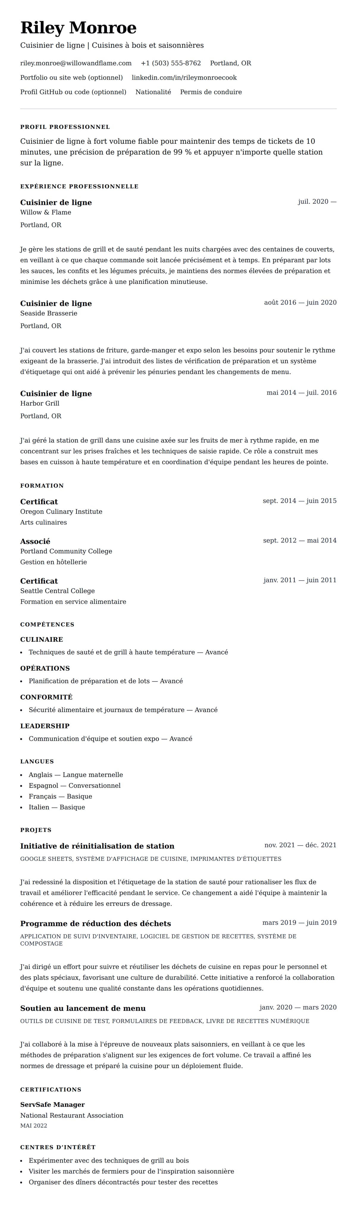 Aperçu du CV Exemple de CV de Cuisinier de ligne