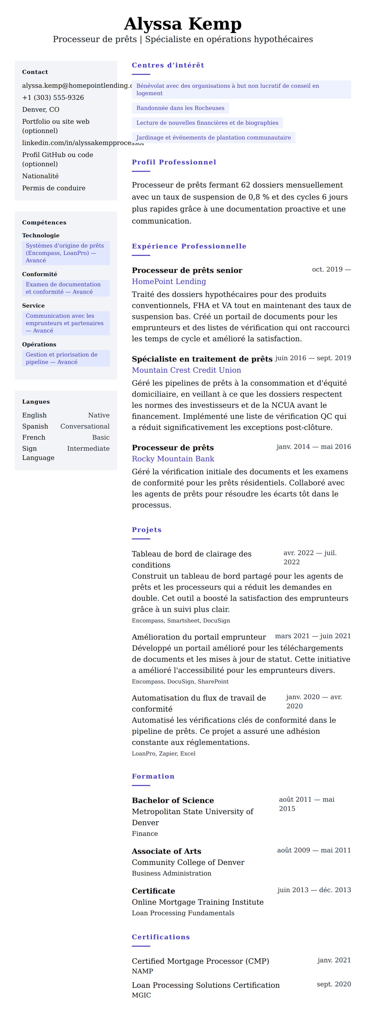 Aperçu du CV Exemple de CV de Processeur de prêts