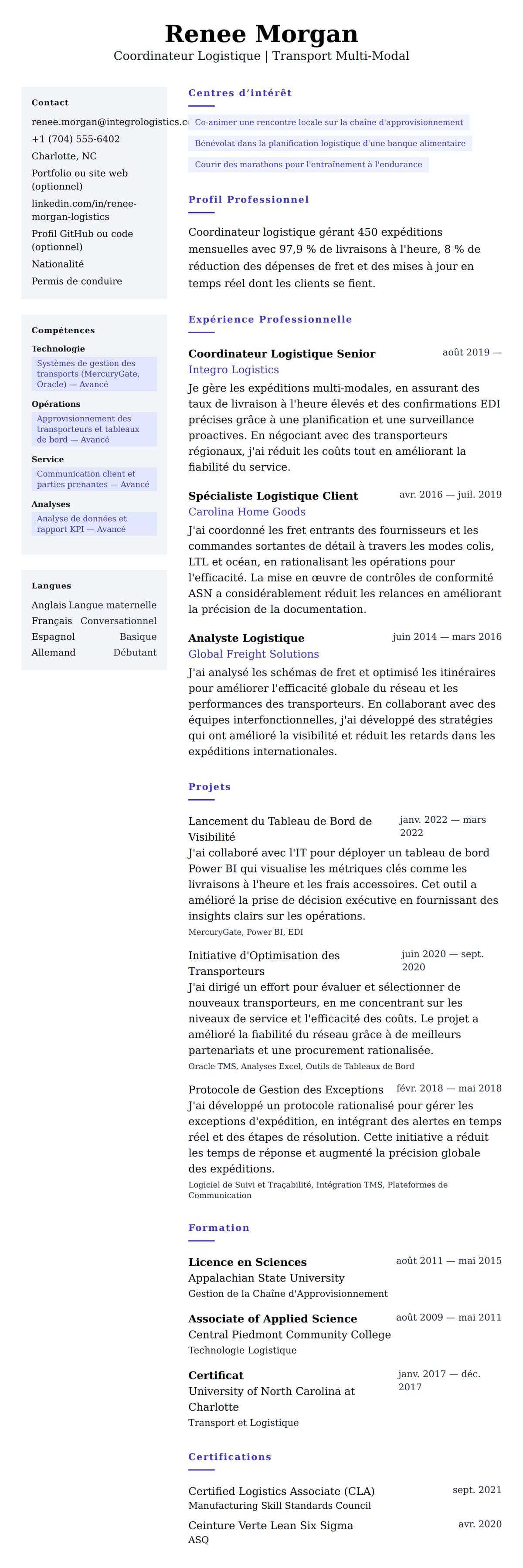 Aperçu du CV Exemple de CV de Coordinateur Logistique