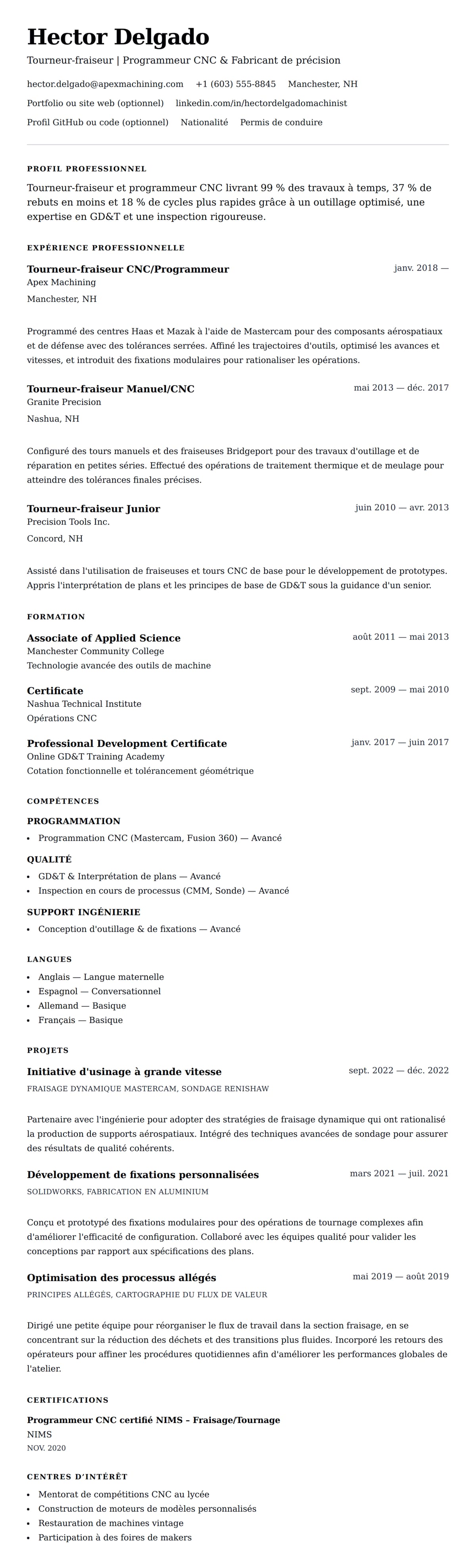 Aperçu du CV Exemple de CV de Tourneur-fraiseur