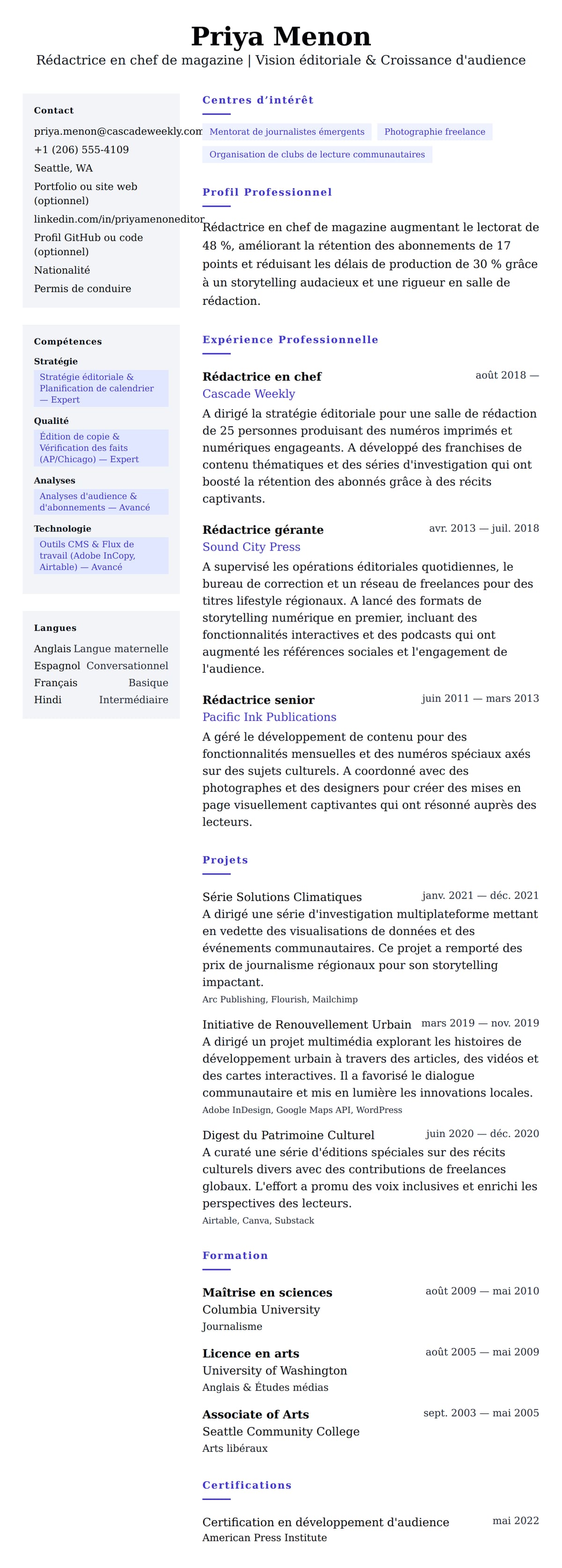 Aperçu du CV Exemple de CV de Rédacteur en chef de magazine