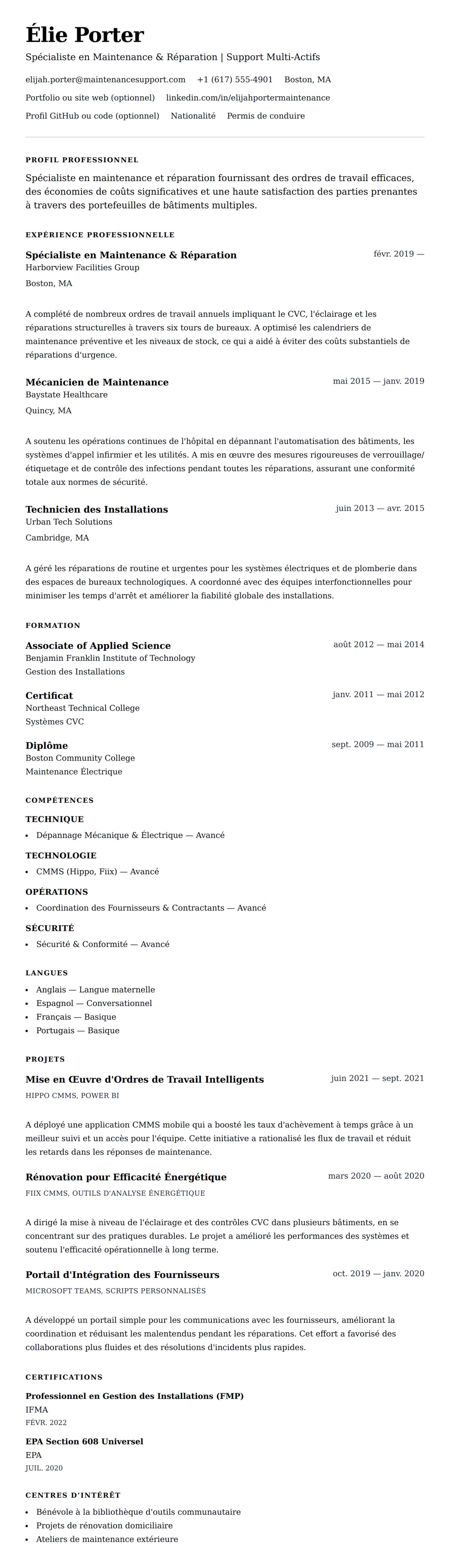 Aperçu du CV Exemple de CV Maintenance & Réparation