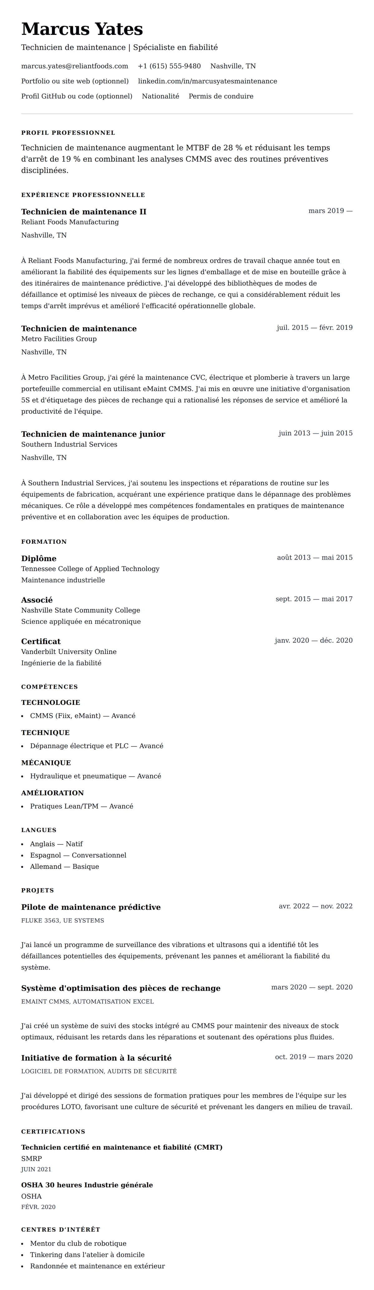 Aperçu du CV Exemple de CV de Technicien de maintenance