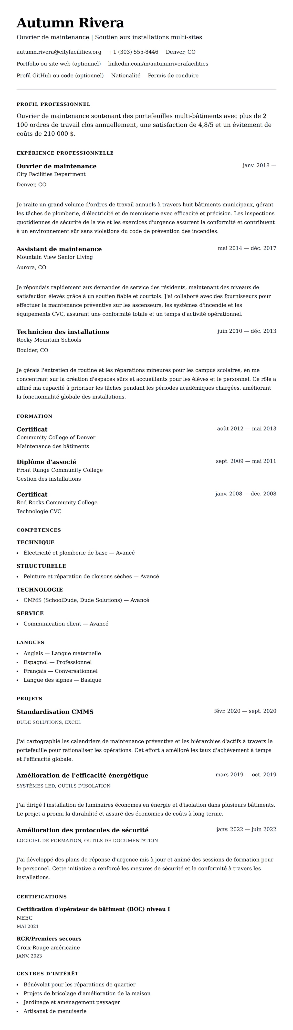 Aperçu du CV Exemple de CV d'ouvrier de maintenance