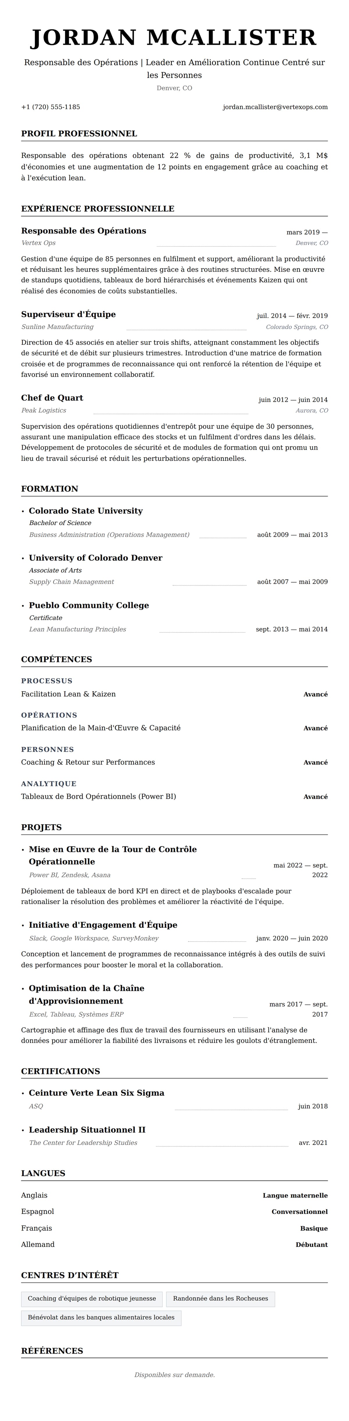 Aperçu du CV Exemple de CV de Responsable des Opérations