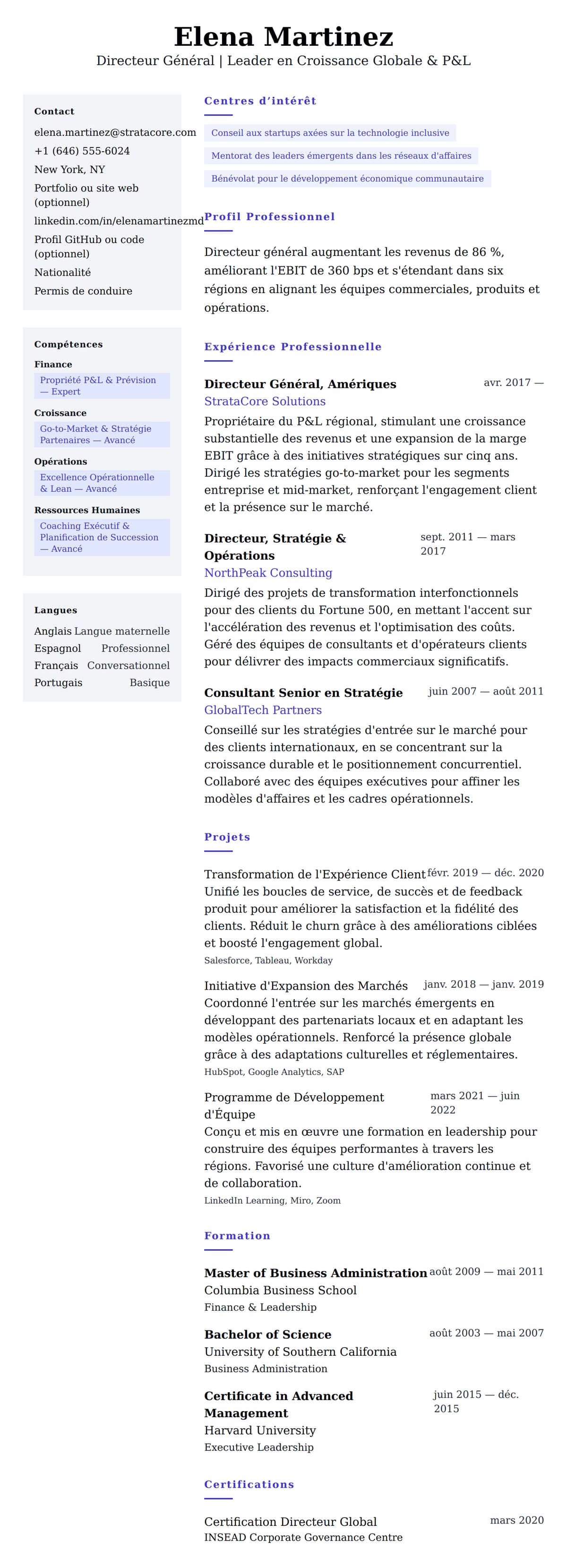 Aperçu du CV Exemple de CV de Directeur Général