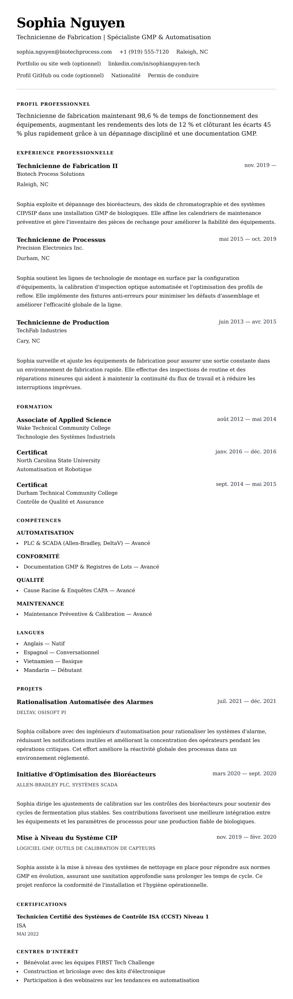 Aperçu du CV Exemple de CV de Technicien de Fabrication