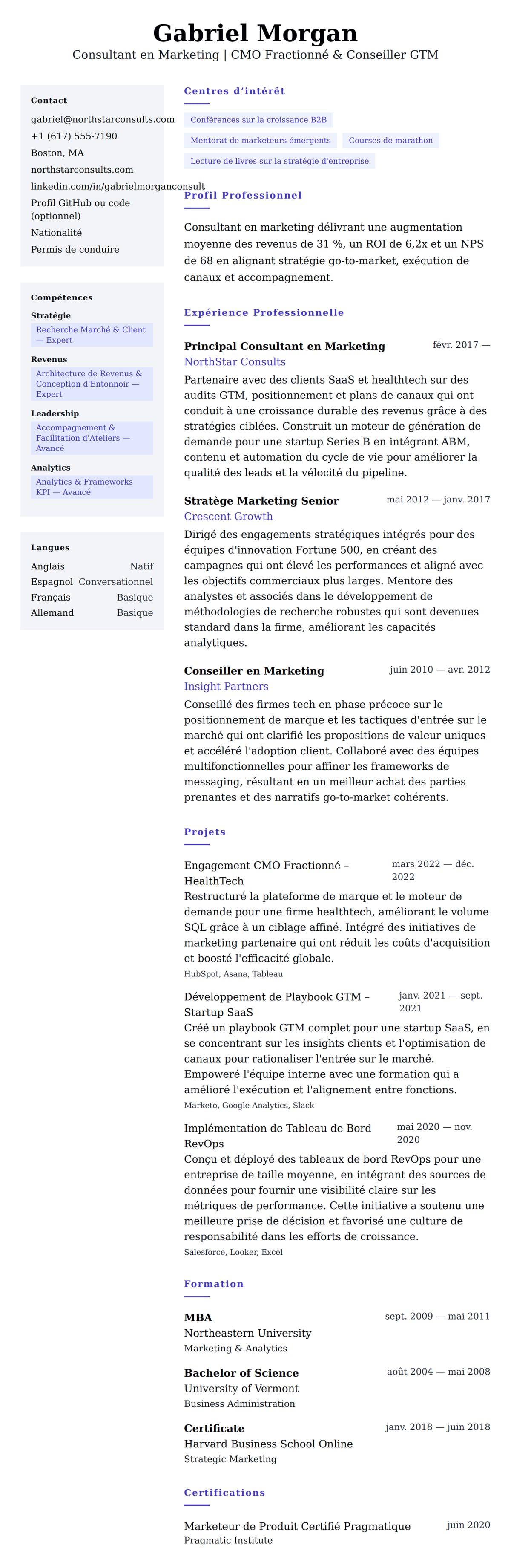 Aperçu du CV Exemple de CV de Consultant en Marketing