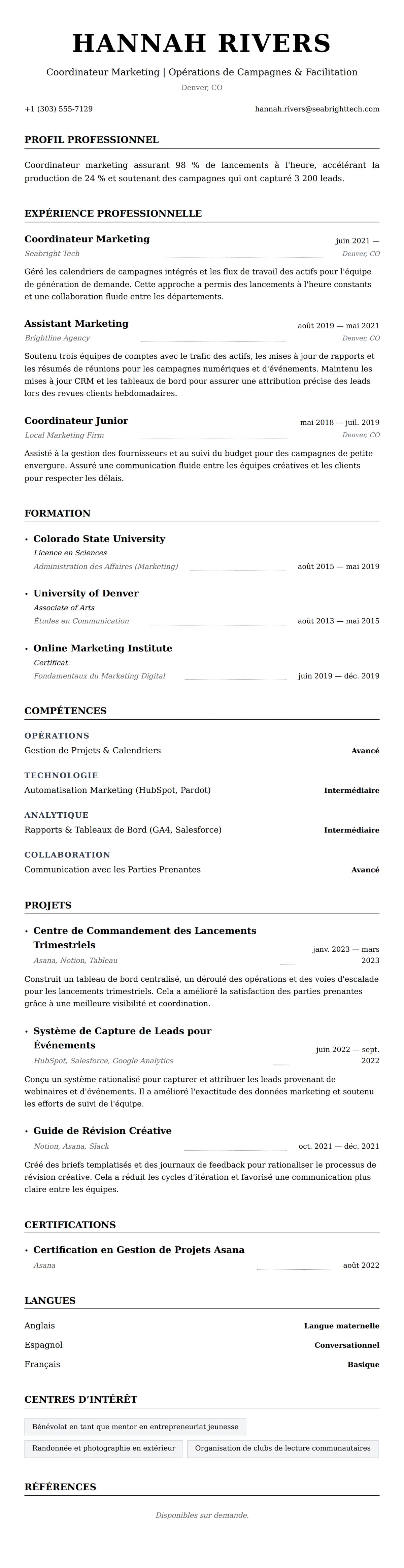 Aperçu du CV Exemple de CV pour Coordinateur Marketing