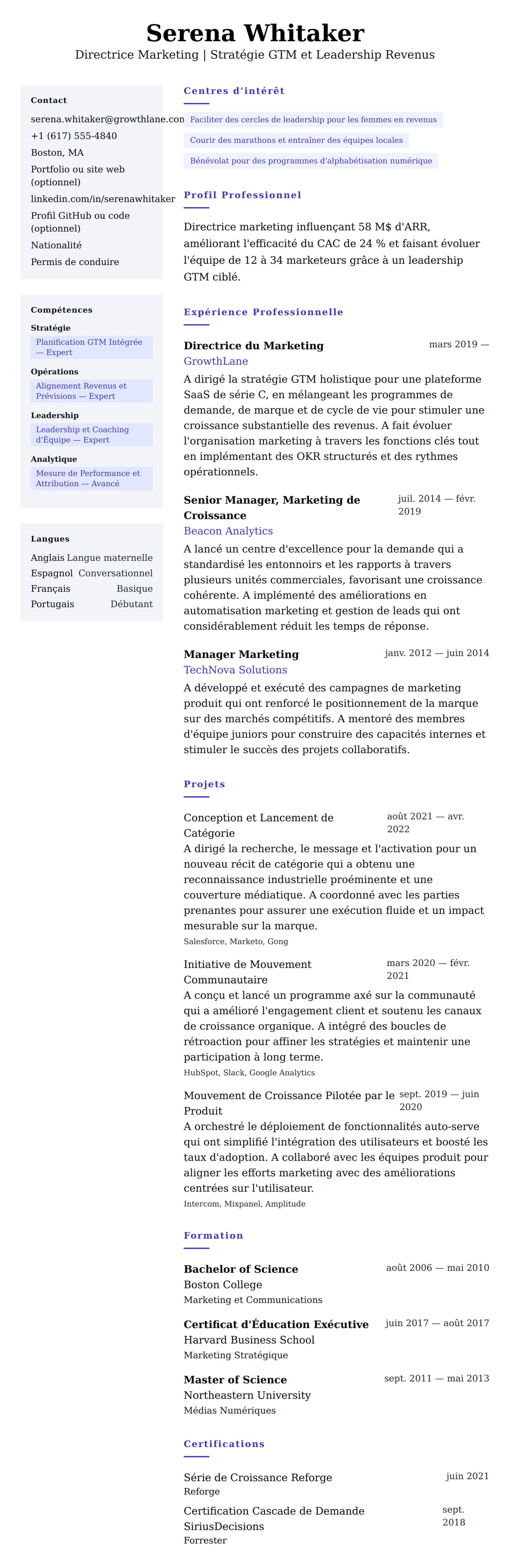 Aperçu du CV Exemple de CV de Directeur Marketing