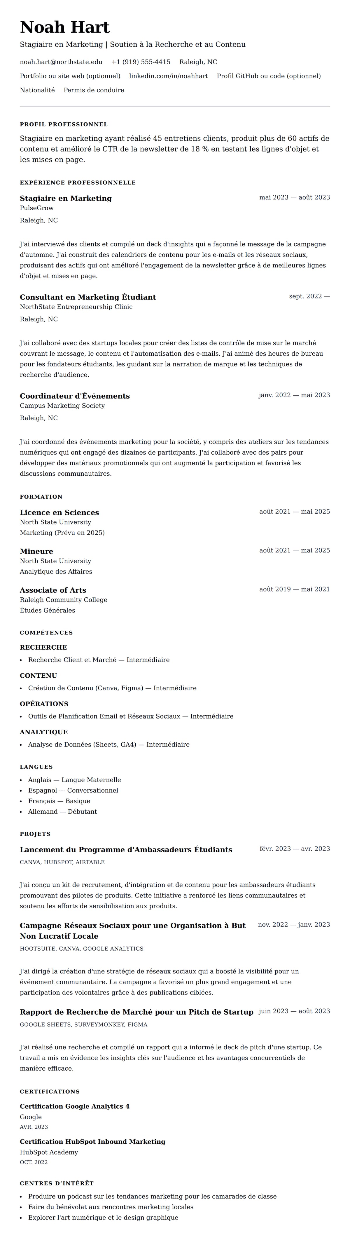 Aperçu du CV Exemple de CV pour Stagiaire en Marketing