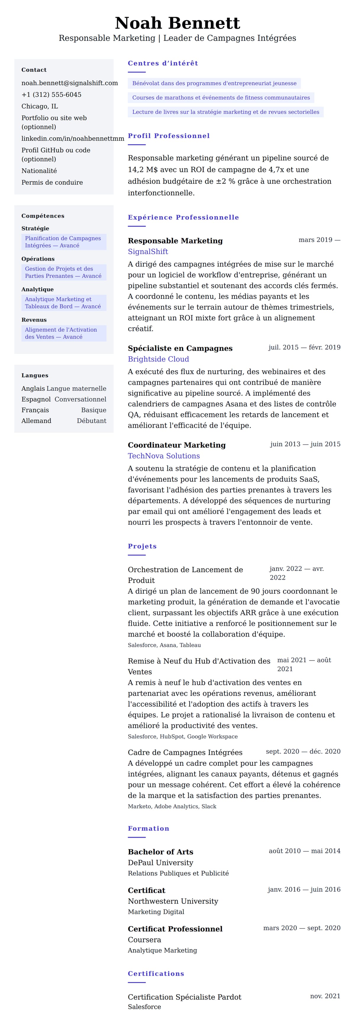 Aperçu du CV Exemple de CV de Responsable Marketing