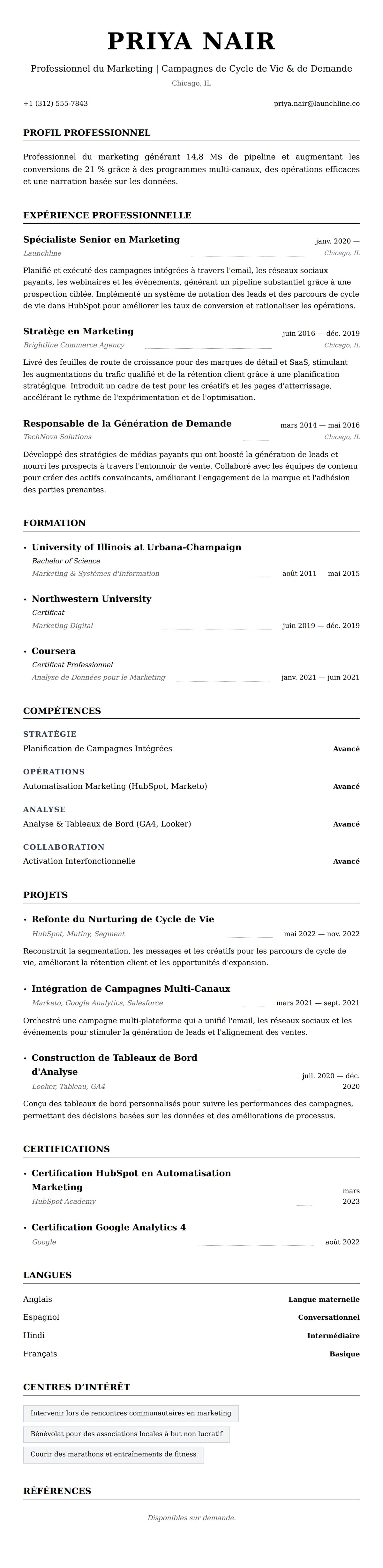 Aperçu du CV Exemple de CV de Professionnel du Marketing