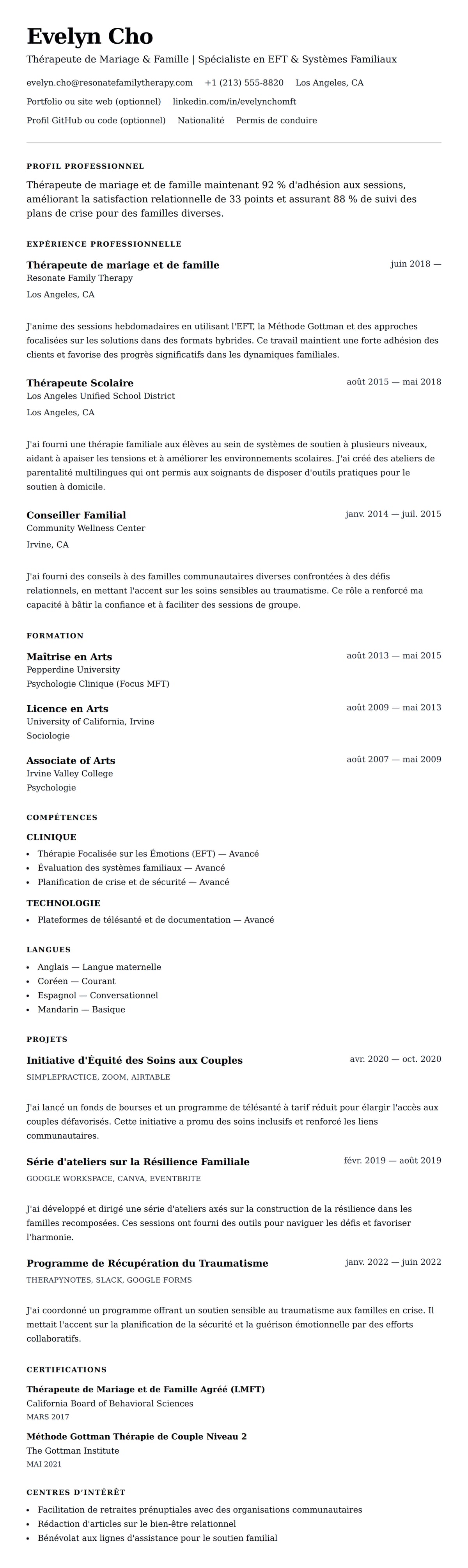 Aperçu du CV Exemple de CV de Thérapeute de mariage et de famille