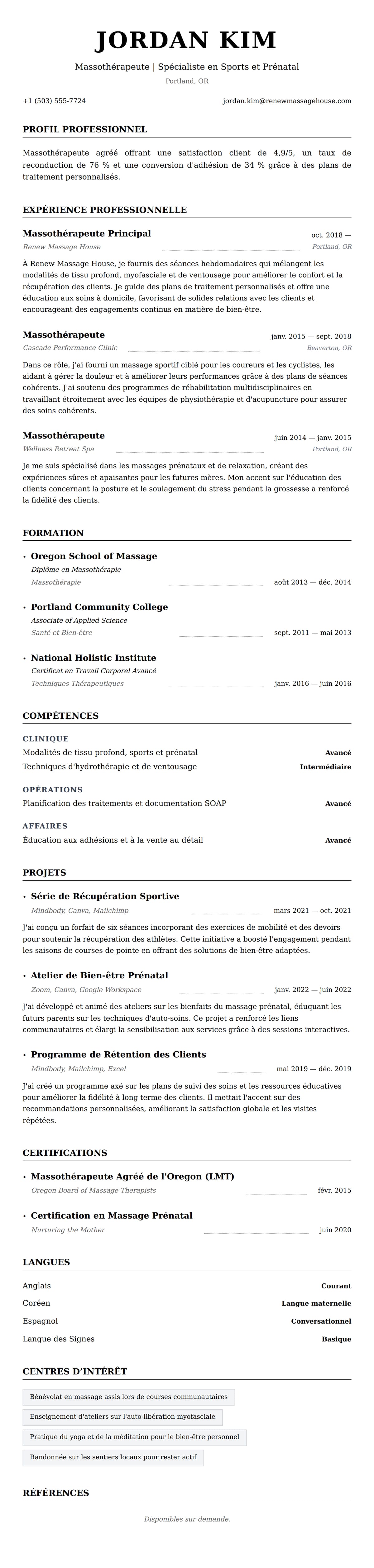 Exemple de CV de Massothérapeute