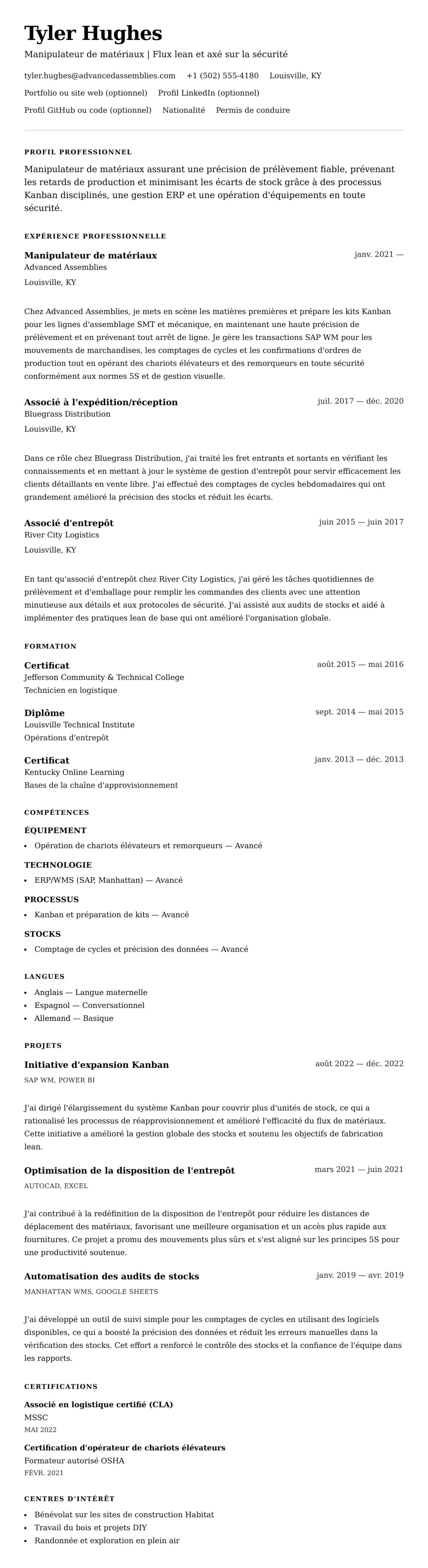 Aperçu du CV Exemple de CV de Manipulateur de matériaux