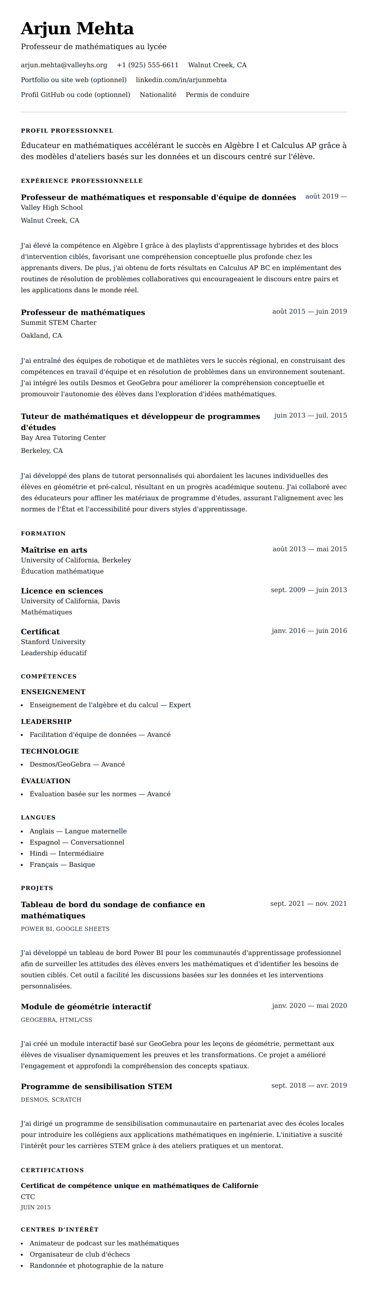Aperçu du CV Exemple de CV pour professeur de mathématiques
