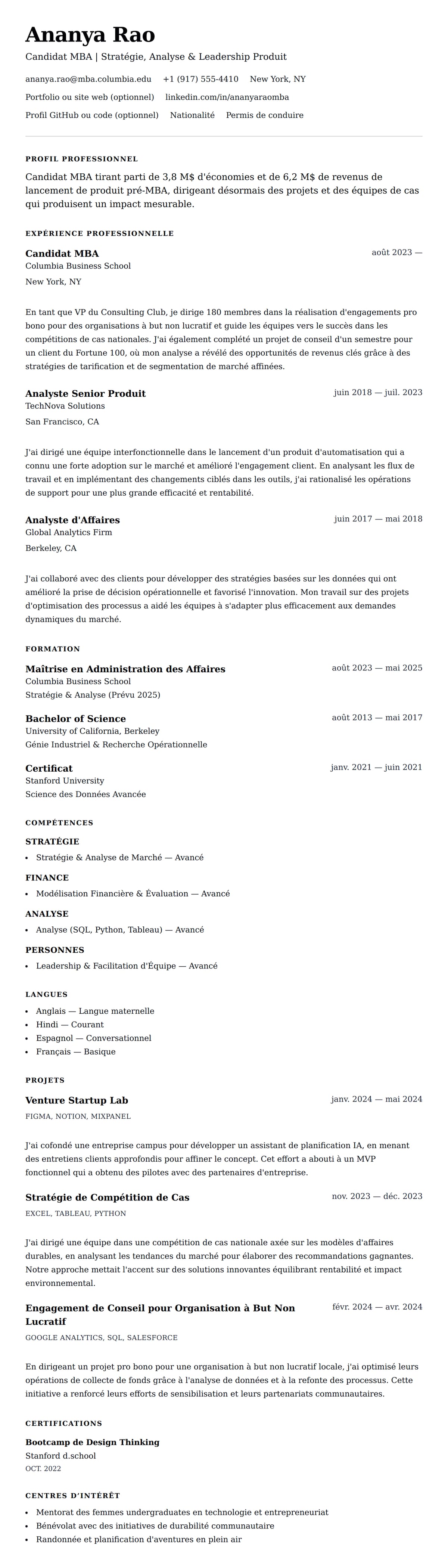 Aperçu du CV Exemple de CV pour Candidat MBA