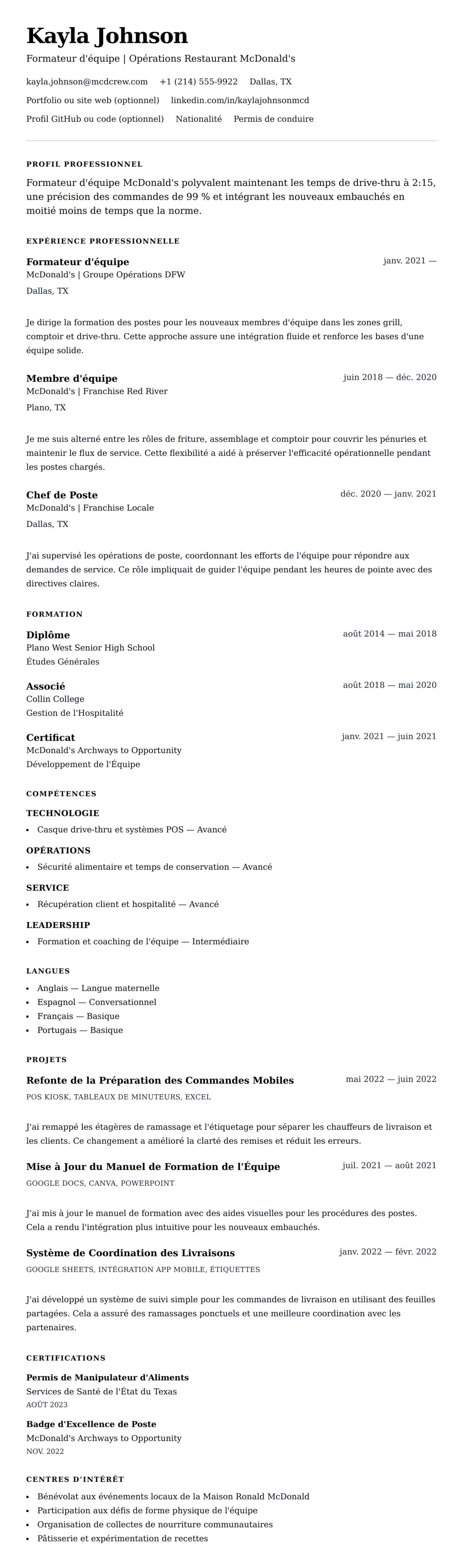 Aperçu du CV Exemple de CV pour Membre d'équipe McDonald's