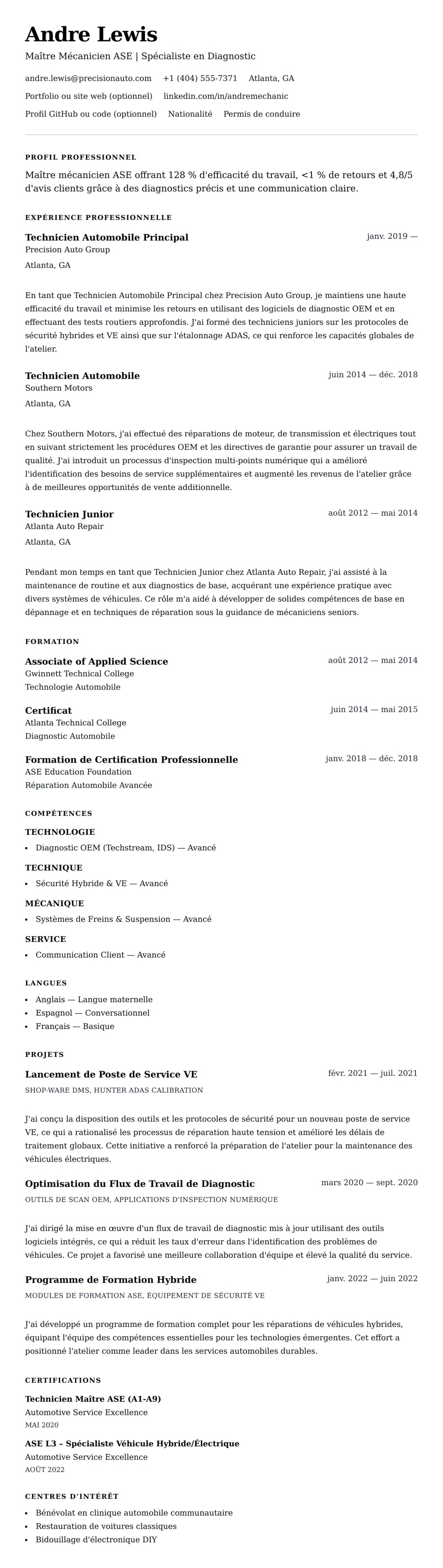 Aperçu du CV Exemple de CV de Mécanicien